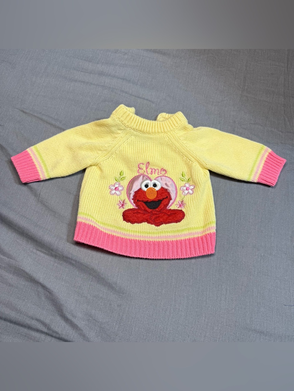 Vintage Girls' Yellow Crewneck Sweater with Pink Trim and Elmo Embroidery